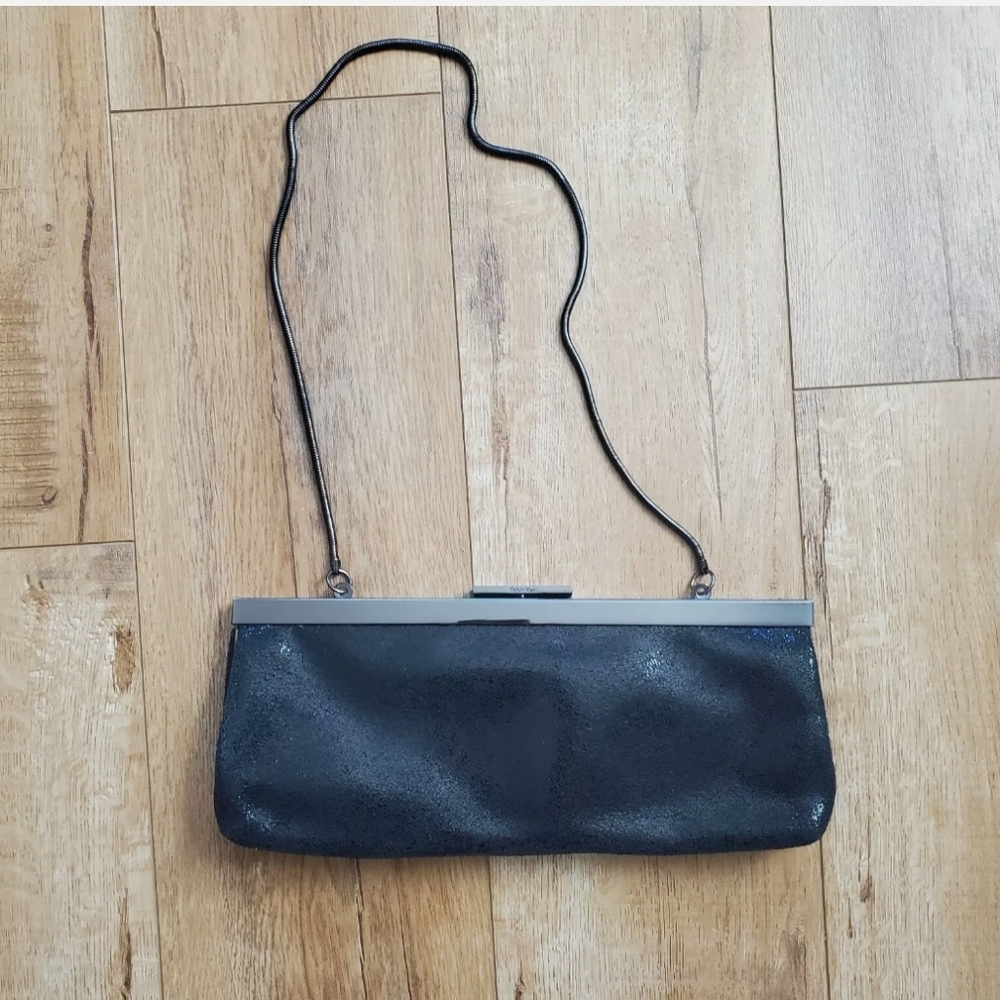 VTG Calvin Klein Evening Clutch Bag Purse Black Flashy Chain Strap